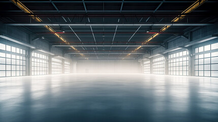 Interior of empty industrial space as advertisement background. Postproducted generative AI illustration.