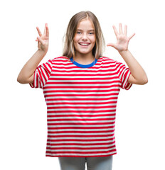 Young beautiful girl over isolated background showing and pointing up with fingers number eight while smiling confident and happy.