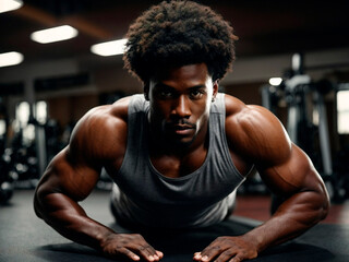 Fototapeta na wymiar Afro-American athlete with healthy muscular body and short hair doing pushups