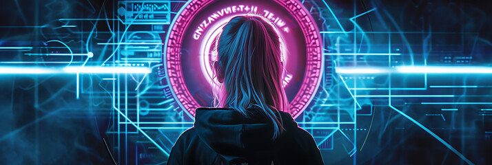 cyberpunk, hologram Eye, cyberpunk monitor on wall, hologram eye, holographic eye, PINK AND BLUE NEON LIGHT, SciFi. - A blonde girl standing with the back facing the camera wearing a black hoodie.  - obrazy, fototapety, plakaty