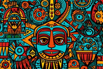 Cartoon cute doodles illustrating African tribal patterns and symbols, seamlessly combined to create a vibrant and culturally rich seamless backdrop, Generative AI