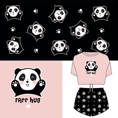 Seamless pattern and illustration set with panda hugs,  Cute design pajamas on a hanger. Baby background for tee prints, room decor, baby shower, fabric design, seamless pattern, women pajama set.
