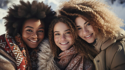 Winter Friendship Embrace, Three friends share a joyful moment, their smiles radiating warmth against a winter backdrop, showcasing diverse beauty