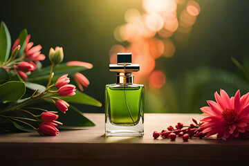 tropical green perfume concept , exotic plants and glass cosmeticscontainer