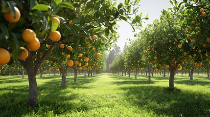 Landscape of a summer orchard with fruits, oranges, peaches
