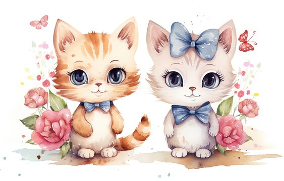 watercolor illustration with grungy texture, cute two can sitting together with flower and ribbon bow , generative Ai