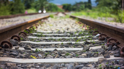 Close-up perspective view of railroad tracks in Bogor