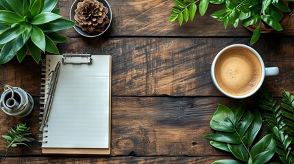 Cup of coffee and notepad on desk, top down view - obrazy, fototapety, plakaty