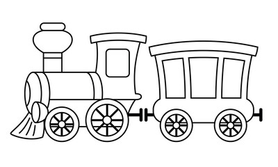 steam train - black and white cartoon vector illustration of steam locomotive and passenger railroad car