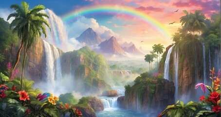A scene of a majestic tropical waterfall nestled in a lush jungle, surrounded by vibrant foliage, exotic birds, and a rainbow formed by the mist - Generative AI