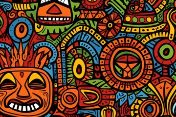 Cartoon cute doodles illustrating African tribal symbols and patterns, seamlessly combined to create a vibrant and culturally rich seamless backdrop, Generative AI