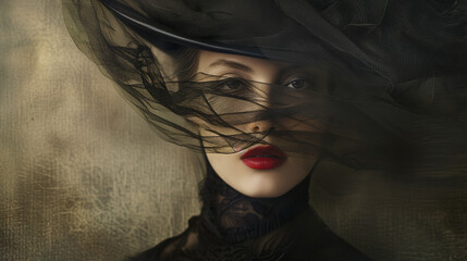Portrait of a beautiful woman in a black hat and vintage veil