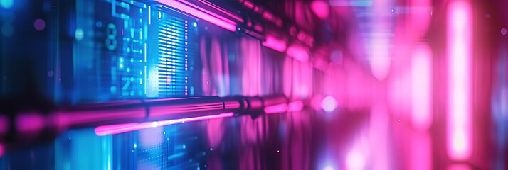 abstract tech background with glowing lines. In blue, pink and purple.  - obrazy, fototapety, plakaty