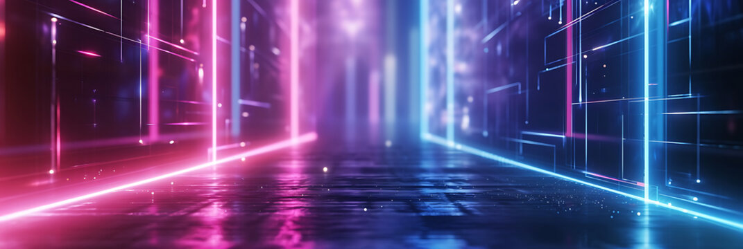 abstract tech background with glowing lines. In blue, pink and purple. 