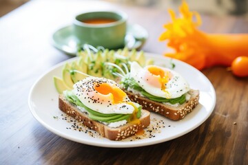 poached eggs avocado toast, sesame seeds sprinkled on top - obrazy, fototapety, plakaty