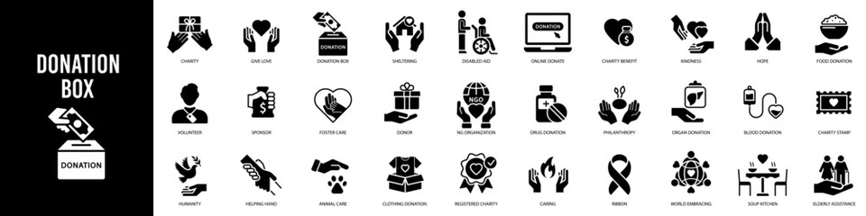 Love, friendship, care and charity concept icons set