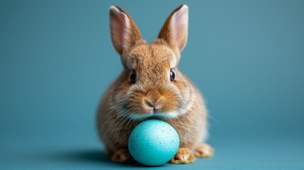 Fototapeta na wymiar Easter bunny rabbit with painted egg,blue background