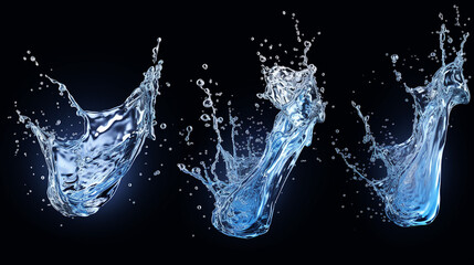 set of pure water splashes on black background. 3d illustration