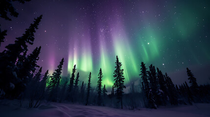Fototapeta premium aurora borealis in the mountains, forest and lake. - The awe-inspiring sight of auroras in the night sky, witnessed firsthand.