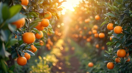 Fruit farm with many trees and natural sunlight, orange fruit farm  - obrazy, fototapety, plakaty