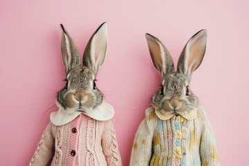 Obraz premium anthropomorphic rabbits in cute pastel clothes on a pastel background for Easter
