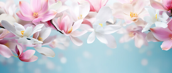 Obraz premium Spring elegance with ultra wide banner with soft pastel petals, perfect background with copy space