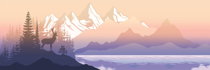 Mountain landscape, deer on the shore of a mountain lake, panoramic view, vector illustration	