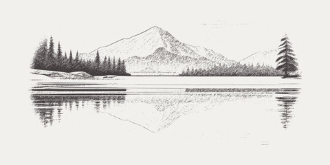 Forest and mountains are reflected in the lake, vignette. Vector sketch, imitation of a pencil drawing.	