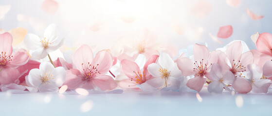 Pastel colored petals of spring, ultra wide, serene, as a perfect background and copy space