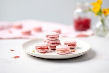 Obraz na płótnie Canvas row of raspberry macarons on glass plate with powdered sugar