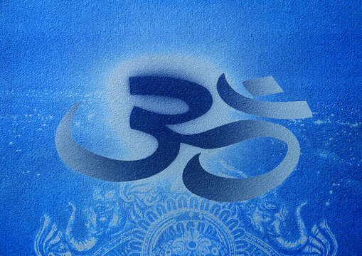 om or aum, or ohm, Diwali Om Sacred symbol. symbol of Hinduism on textured background, with blue rays of light. india spiritual meditation peace icon.
