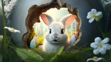 an Easter bunny peeking out from behind a giant Easter egg, creating a playful and surprising image for a fun-filled Easter card, portrayed in realistic HD detail