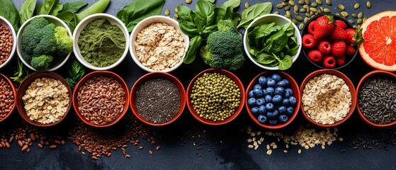 Healthy food clean eating selection,fruit, vegetable, seeds, superfood, cereal, leaf vegetable