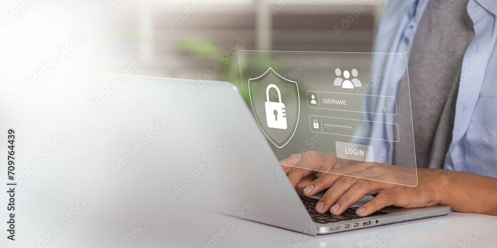 Poster cybersecurity protects passwords and secure internet access. it is crucial to have secure login and 