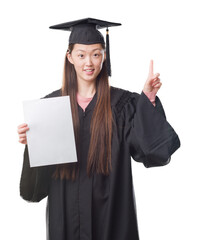 Young Chinese woman wearing graduate uniform holding paper degree surprised with an idea or question pointing finger with happy face, number one