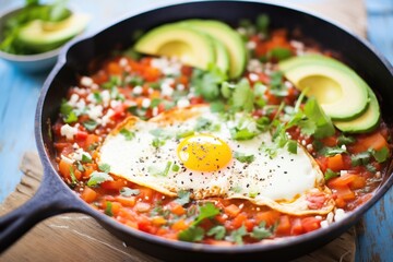 shakshuka with avocado slices on top, seeds aside