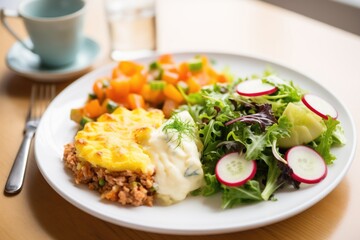 shepherds pie with a side salad and creamy dressing