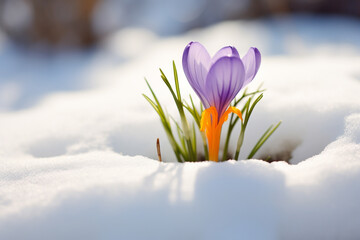 Crocus flower blooming in snow, first spring flower. Close up macro view. Generative AI