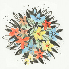 Abstract pink flowers.  Watercolor and ink drawing.