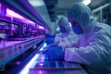 People who work in semiconductor factories wear protective clothing in sterilization rooms.