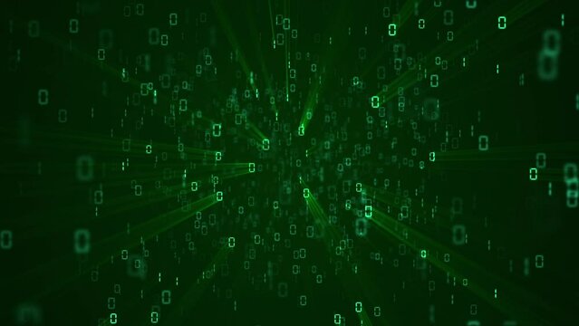 High speed flashing binary code ones and zeros streaming towards the camera. Full HD and looping green digital data technology background. Communications and connections concept.