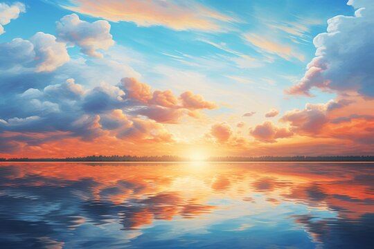 A painting of a lake and sky with a blue and orange background