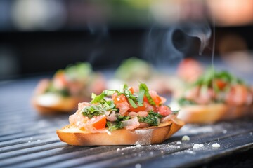 freshly grilled bruschetta with steam rising, tomatoes, and basil visible on top