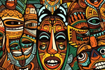 Cartoon cute doodles of traditional African tribal masks, symbols, and patterns forming an artistic and detailed seamless design, Generative AI