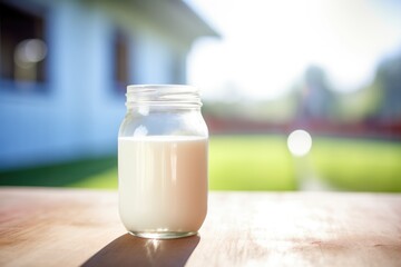 buttermilk in clear jar, dairy farm background, sunny day - obrazy, fototapety, plakaty