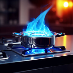 Concept of economic change in Europe. Blue flame burning gas of a gas cooking stove - gas burners - stove mouth isolated on black background. Global economic crisis.