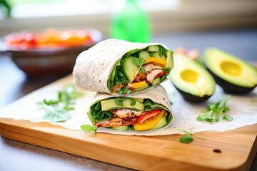 close-up of turkey avocado wrap in parchment