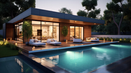 Fototapeta premium Tropical villa view with garden, swimming pool and open living room at sunset.