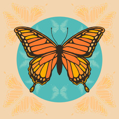 Illustration of a orange and yellow butterfly on a peach color background. Vector illustration.