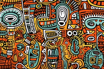 Fotobehang Cartoon cute doodles showcasing traditional African tribal art elements, intricately arranged to form a detailed and symbolic seamless design, Generative AI © Starlight